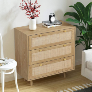 Mid-Century 3-Drawer Rattan Chest with Gold Knobs & Solid Wood Legs