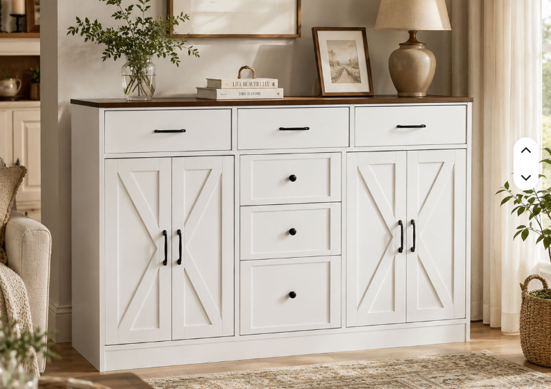 Farmhouse Buffet Sideboard with X-Panel Doors, 3 Drawers & Walnut Top