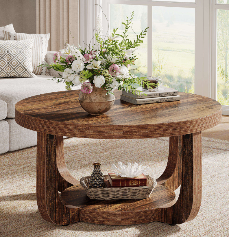 Rustic Round Coffee Table with Curved Legs & Round Bottom Shelf - Image 2