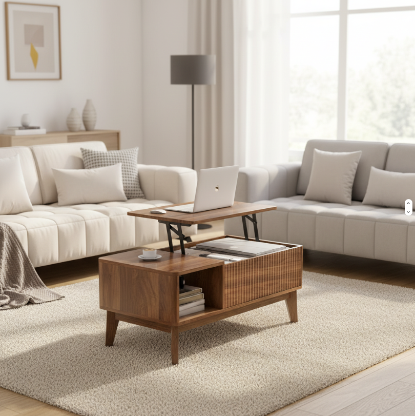 Asymmetrical Lift-Top Coffee Table with Open Shelf & Hidden Storage - Image 7