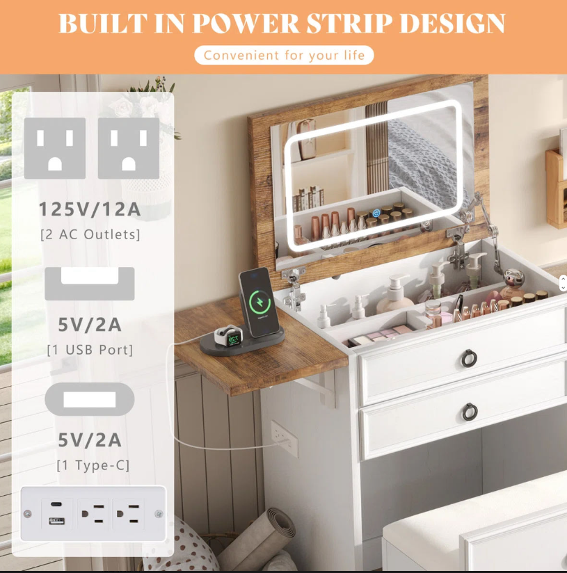 Farmhouse Vanity with LED Mirror, Drop-Leaf Tabletop & Storage Stool - Image 5