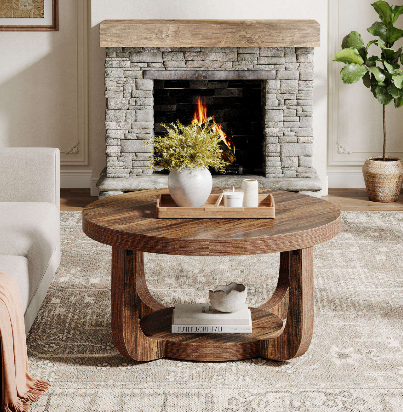 Rustic Round Coffee Table with Curved Legs & Round Bottom Shelf - Image 7