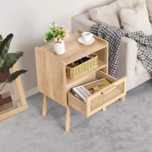 Mid-Century Nightstand with Woven Mesh Drawer & Solid Wood Legs