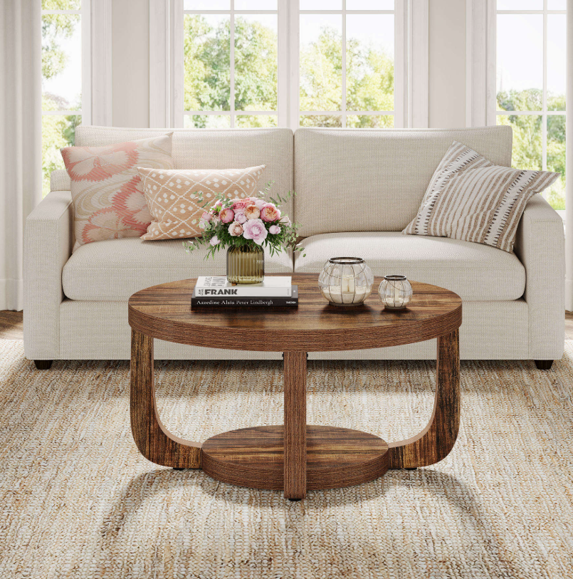 Rustic Round Coffee Table with Curved Legs & Round Bottom Shelf - Image 3