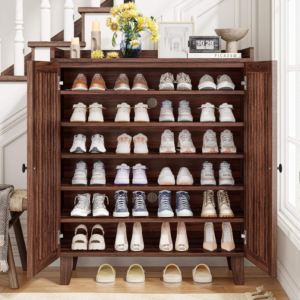 Large Capacity Shoe Cabinet with Breathable Slatted Doors & Adjustable Shelves