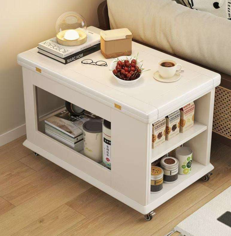 Solid Wood Mobile Coffee Table with Sliding Top & Hidden Storage