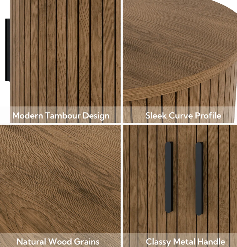Modern Round Nightstand with Built-in Outlet & Tambour Sliding Doors - Image 7