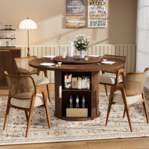 Round Dining Table with Lazy Susan Turntable & Cylindrical Storage Base