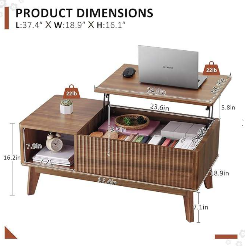 Asymmetrical Lift-Top Coffee Table with Open Shelf & Hidden Storage - Image 6