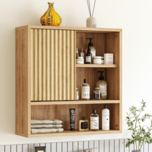 Wall-Mounted Oak Storage Cabinet with Sliding Door & Adjustable Shelves