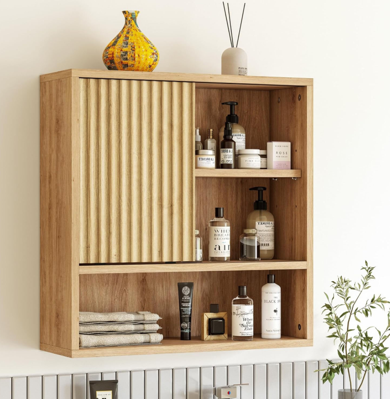 Wall-Mounted Oak Storage Cabinet with Sliding Door & Adjustable Shelves