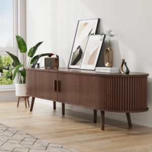 Mid-Century TV Stand with Built-in Charging Station, Drawers & Adjustable Shelves