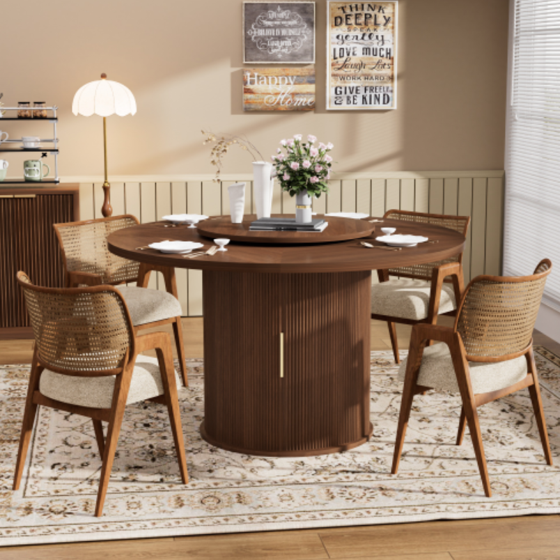 Round Dining Table with Lazy Susan Turntable & Cylindrical Storage Base - Image 7