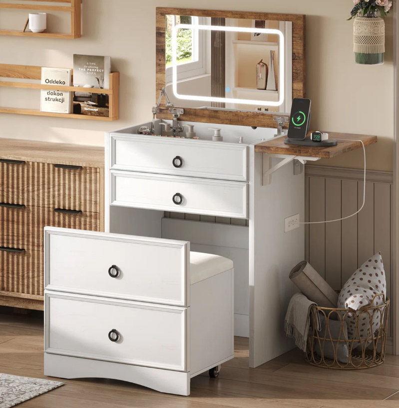 Farmhouse Vanity with LED Mirror, Drop-Leaf Tabletop & Storage Stool - Image 3