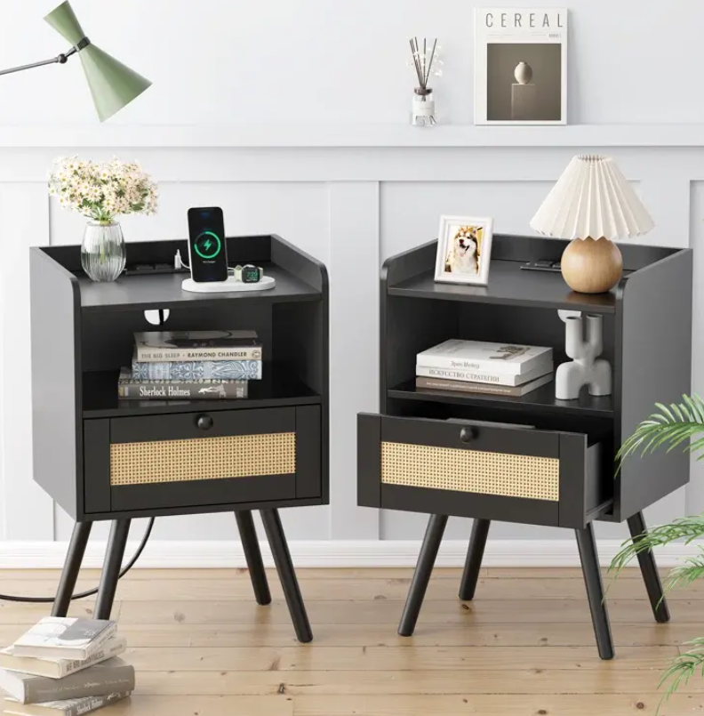Black Nightstand with Built-in Charging Station, Rattan Drawer & Iron Legs - Image 5