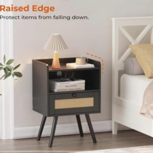Black Nightstand with Built-in Charging Station, Rattan Drawer & Iron Legs