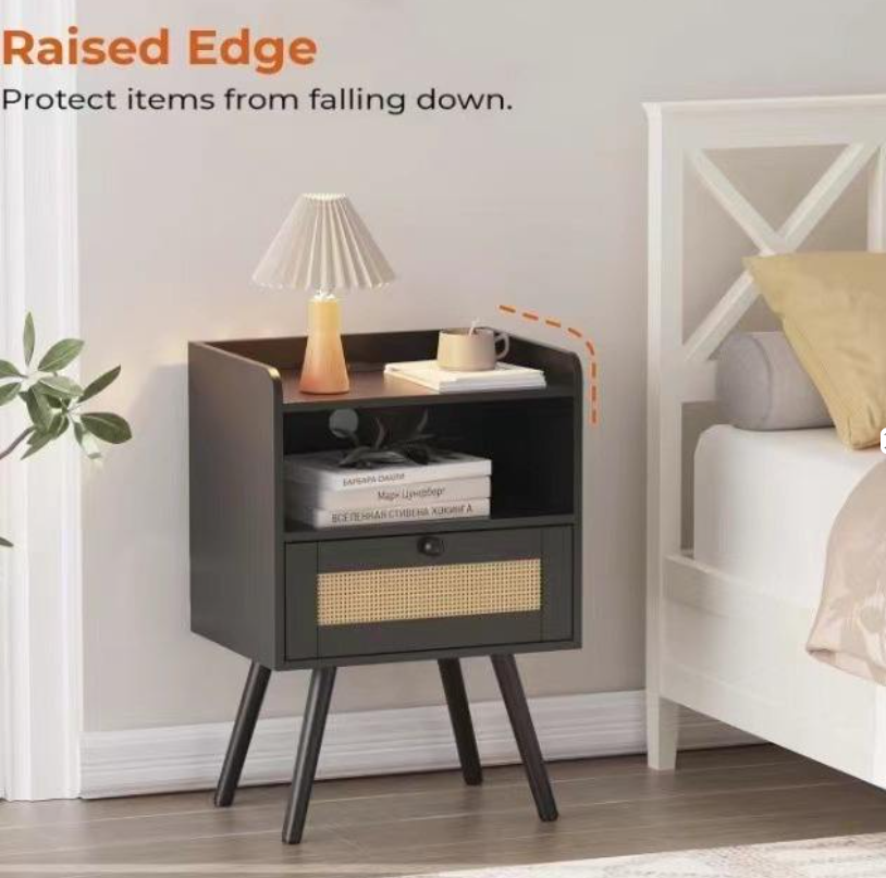 Black Nightstand with Built-in Charging Station, Rattan Drawer & Iron Legs