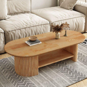 Scandinavian Pill-Shaped Coffee Table with Open Shelf & Fluted Leg