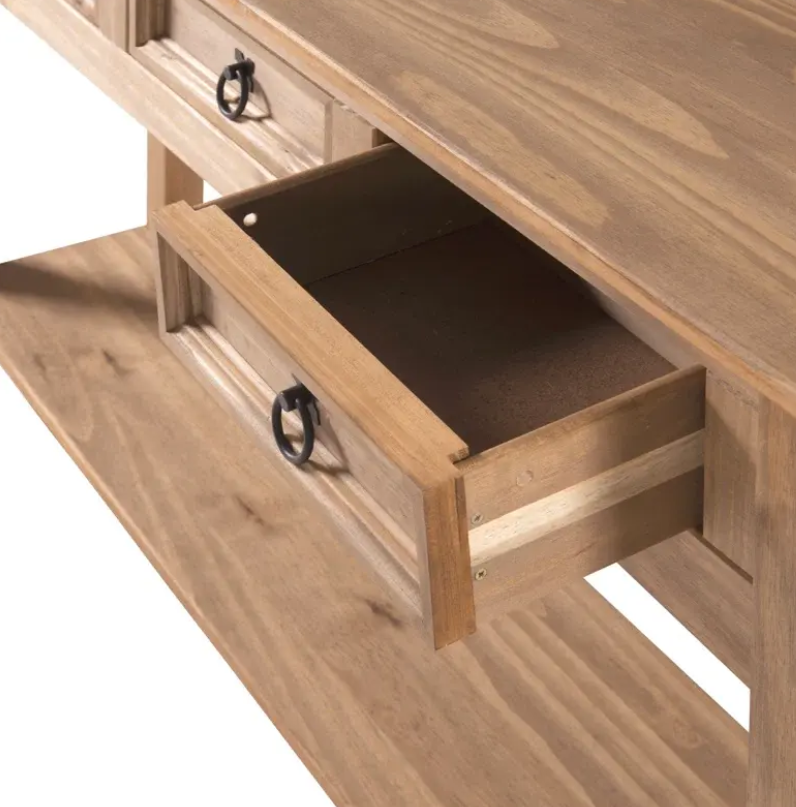 Solid New Zealand Pine Console Table with 3 Drawers & Vintage Ring Pulls - Image 2