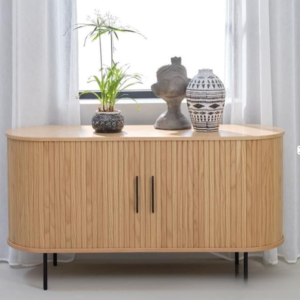 Mid-Century Fluted Sideboard with Open Shelves & Black Metal Legs