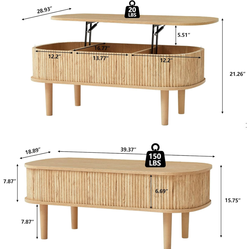 Fluted Lift-Top Coffee Table with Storage Compartments & Pre-Assembled Base - Image 6