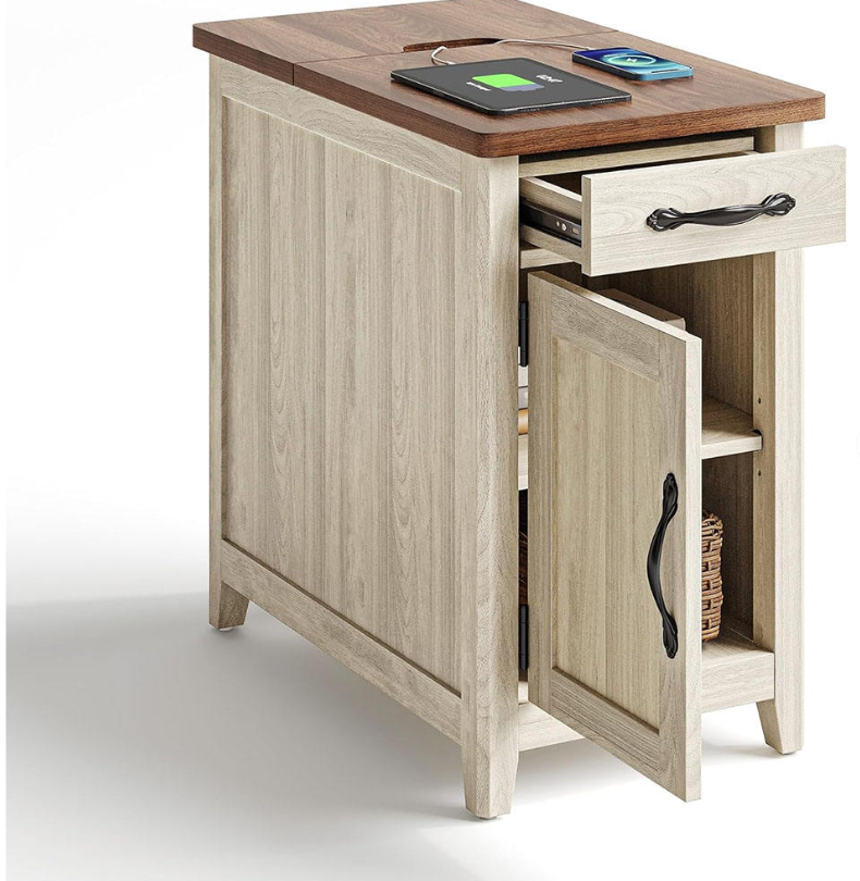 Farmhouse End Table with Charging Station & Detachable Cup Holder Drawer - Image 7