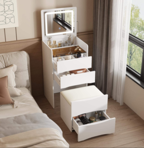 Space-Saving Vanity Desk with Flip-Up LED Mirror & Storage Stool
