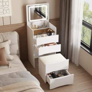 Space-Saving Vanity Desk with Flip-Up LED Mirror & Storage Stool