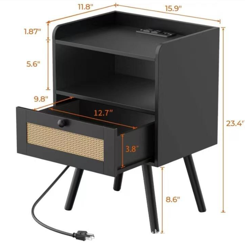 Black Nightstand with Built-in Charging Station, Rattan Drawer & Iron Legs - Image 4