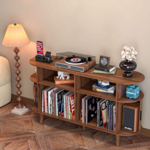 Large Mid-Century Record Player Stand with Built-in Outlet & Vinyl Storage