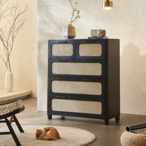 Retro Black Rattan 5-Drawer Chest with Hidden Handles & Square Legs