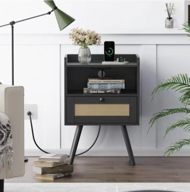 Black Nightstand with Built-in Charging Station, Rattan Drawer & Iron Legs - Image 2