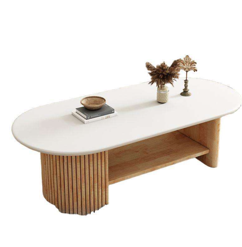 Scandinavian Pill-Shaped Coffee Table with Open Shelf & Fluted Leg - Image 2