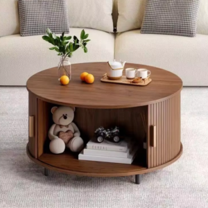 Modern Round Storage Coffee Table with Sliding Fluted Doors