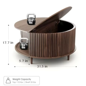 Round Storage Coffee Table with Flip-Top Lid, Soft-Close Hinges & Curved Sliding Door
