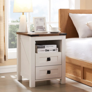Farmhouse Nightstand with Built-in EU Outlet, Drawers & Open Shelf