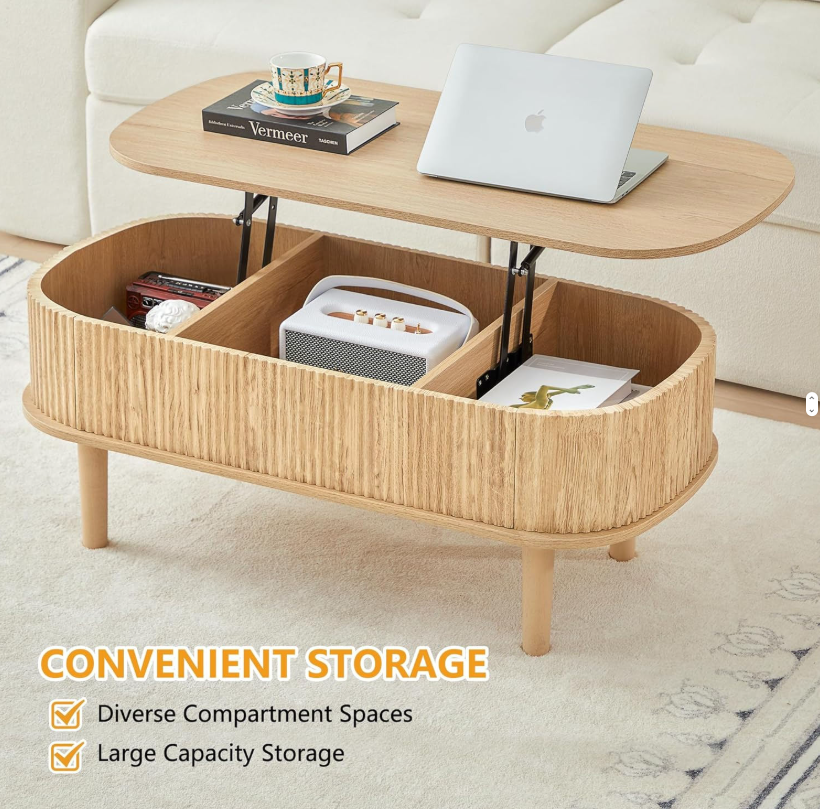 Fluted Lift-Top Coffee Table with Storage Compartments & Pre-Assembled Base