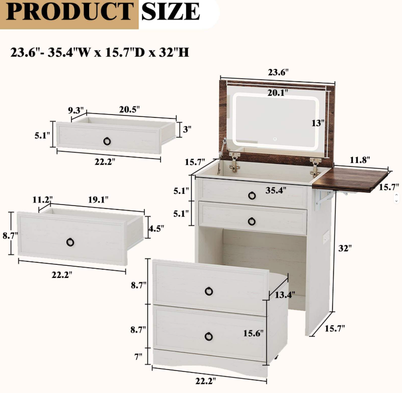 Farmhouse Vanity with LED Mirror, Drop-Leaf Tabletop & Storage Stool - Image 2