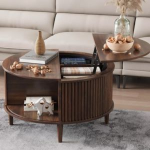 Mid-Century Modern Lift-Top Coffee Table with Fluted Panel & Hidden Storage