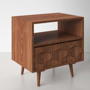 Mid-Century Nightstand with Open Shelf & Geometric 3D Drawer Front