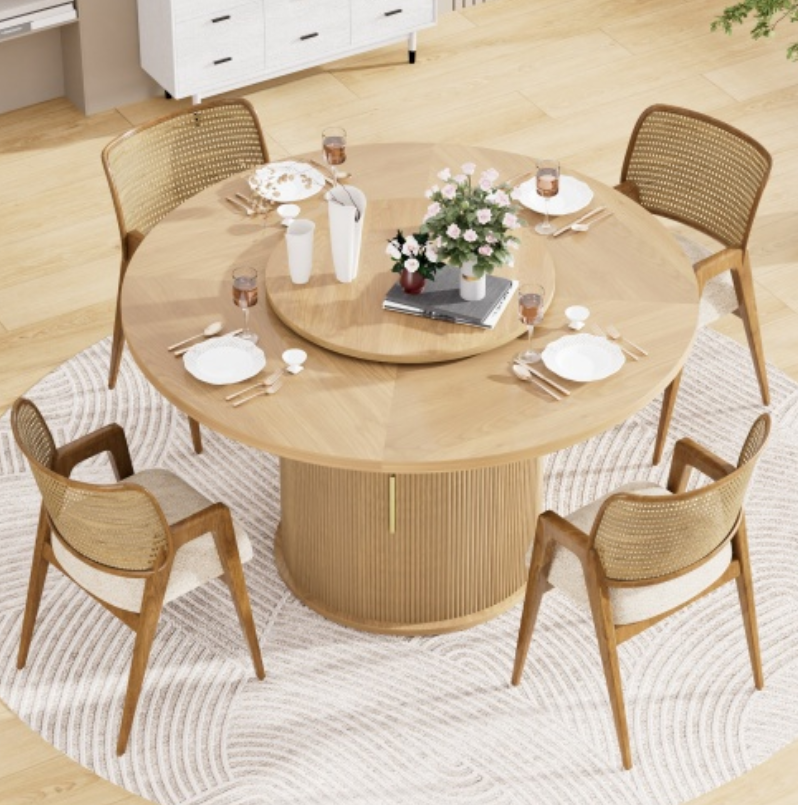 Round Dining Table with Lazy Susan Turntable & Cylindrical Storage Base - Image 3