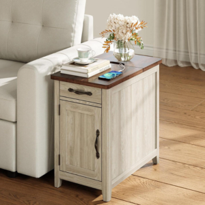 Farmhouse End Table with Charging Station & Detachable Cup Holder Drawer