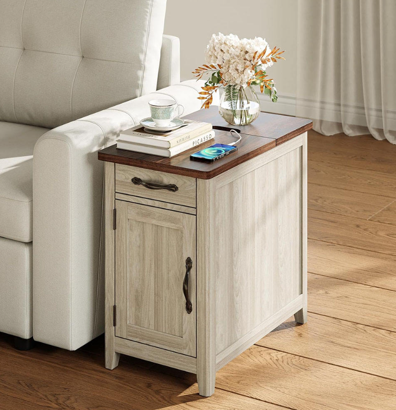 Farmhouse End Table with Charging Station & Detachable Cup Holder Drawer