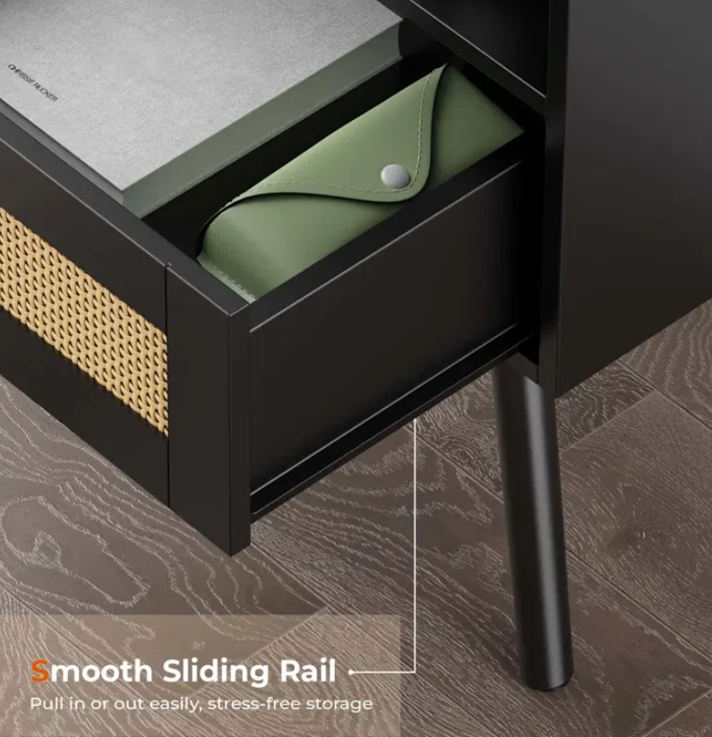 Black Nightstand with Built-in Charging Station, Rattan Drawer & Iron Legs - Image 6
