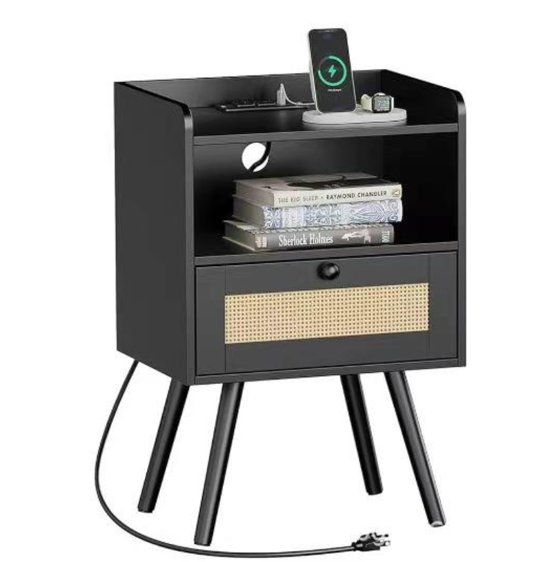 Black Nightstand with Built-in Charging Station, Rattan Drawer & Iron Legs - Image 7
