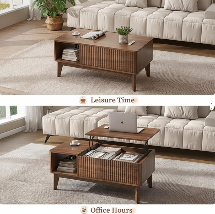Asymmetrical Lift-Top Coffee Table with Open Shelf & Hidden Storage - Image 3