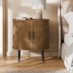 Modern Round Nightstand with Built-in Outlet & Tambour Sliding Doors
