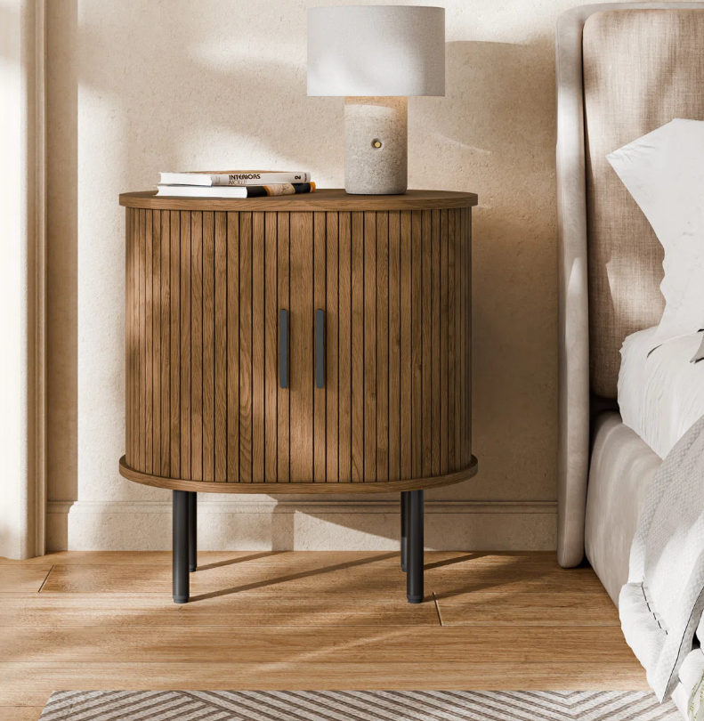 Modern Round Nightstand with Built-in Outlet & Tambour Sliding Doors