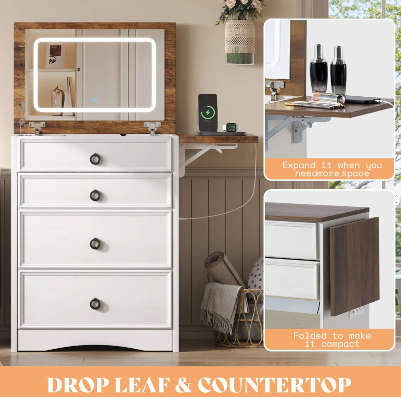 Farmhouse Vanity with LED Mirror, Drop-Leaf Tabletop & Storage Stool - Image 6