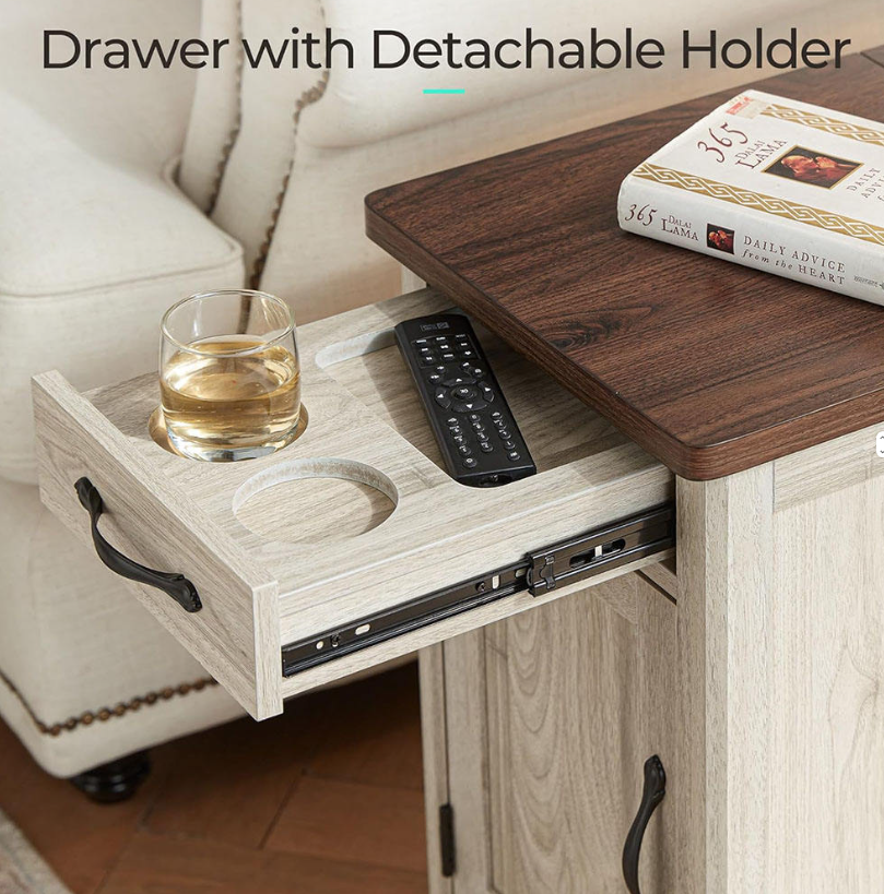 Farmhouse End Table with Charging Station & Detachable Cup Holder Drawer - Image 5